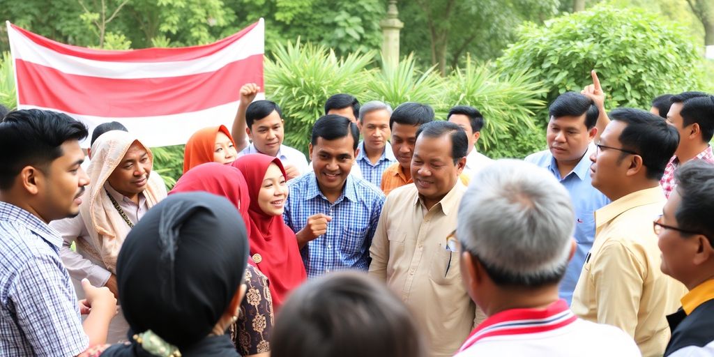 Kerumunan orang berdiskusi tentang politik dengan beragam latar belakang.